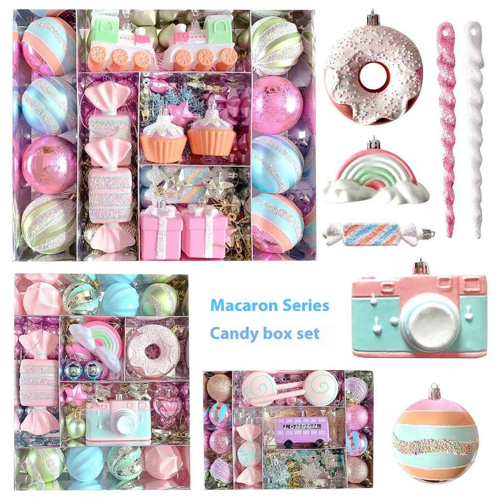 Christmas tree pendant decorations in macaron candy design, painted plastic, WW-24, 34, 58 or 80 candy pack set