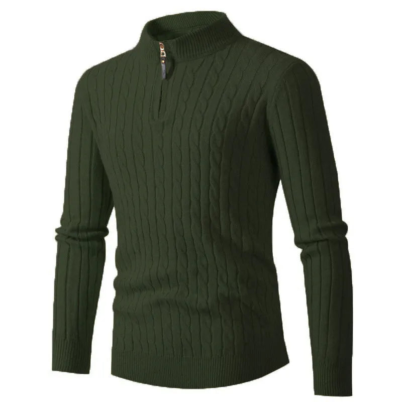 Men's thick twist gray sweater with zipper high collar jacquard knit cotton blend rabbit fur slim fit pullover
