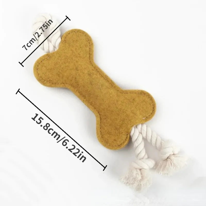 Bone-shaped dog chew toy with a rope knot interior and a soft felt exterior, shown in blue colour.