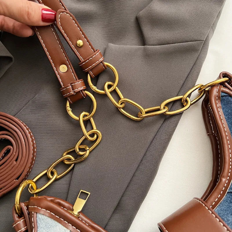 Brown soft denim women's bucket shoulder bag with diamond mesh and chain strap.