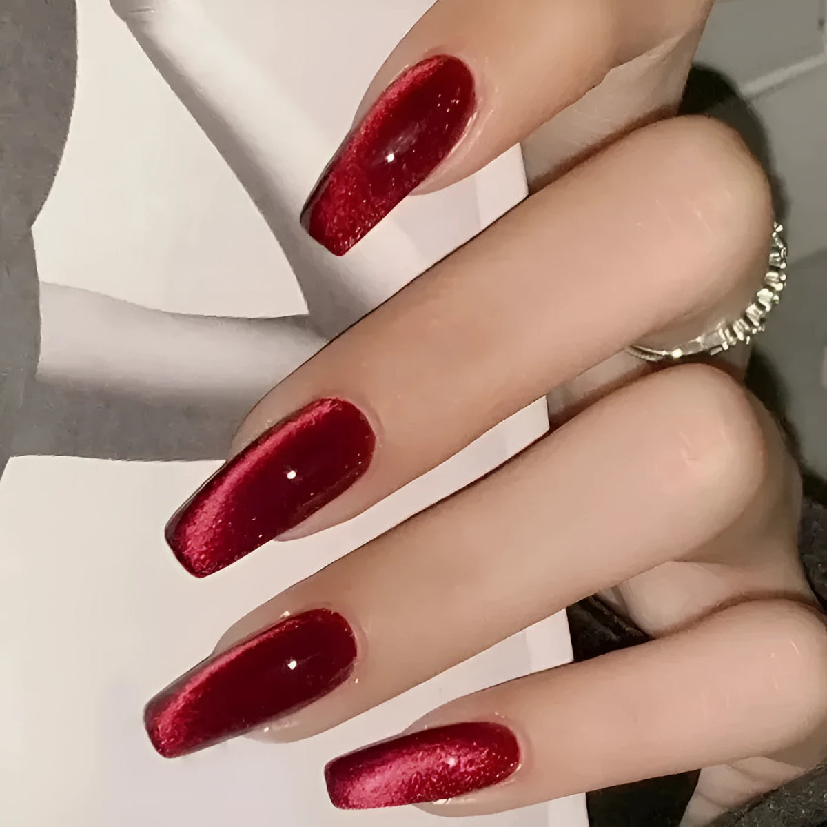 Cat eye mid-length European square wearable false nails, 24 pieces with jelly glue option