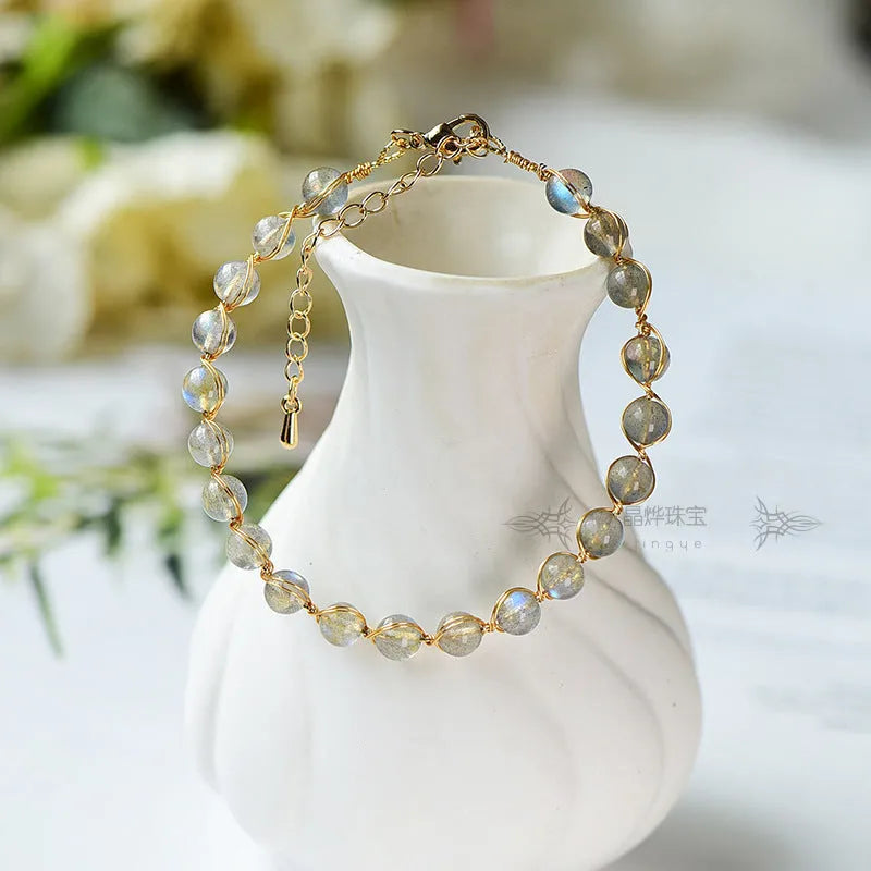 14K gilded natural crystal blue moonstone bracelet with 6mm stones and metal detailing