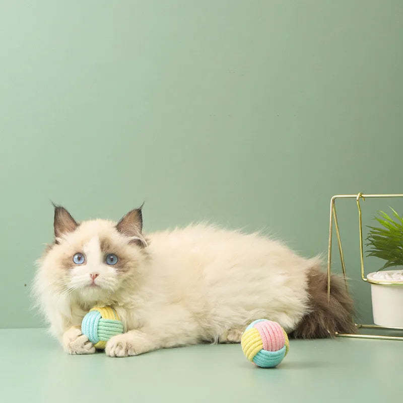 Handmade cat hair ball plush toy with cotton ball texture in blue powder, green blue, and pink green colour options
