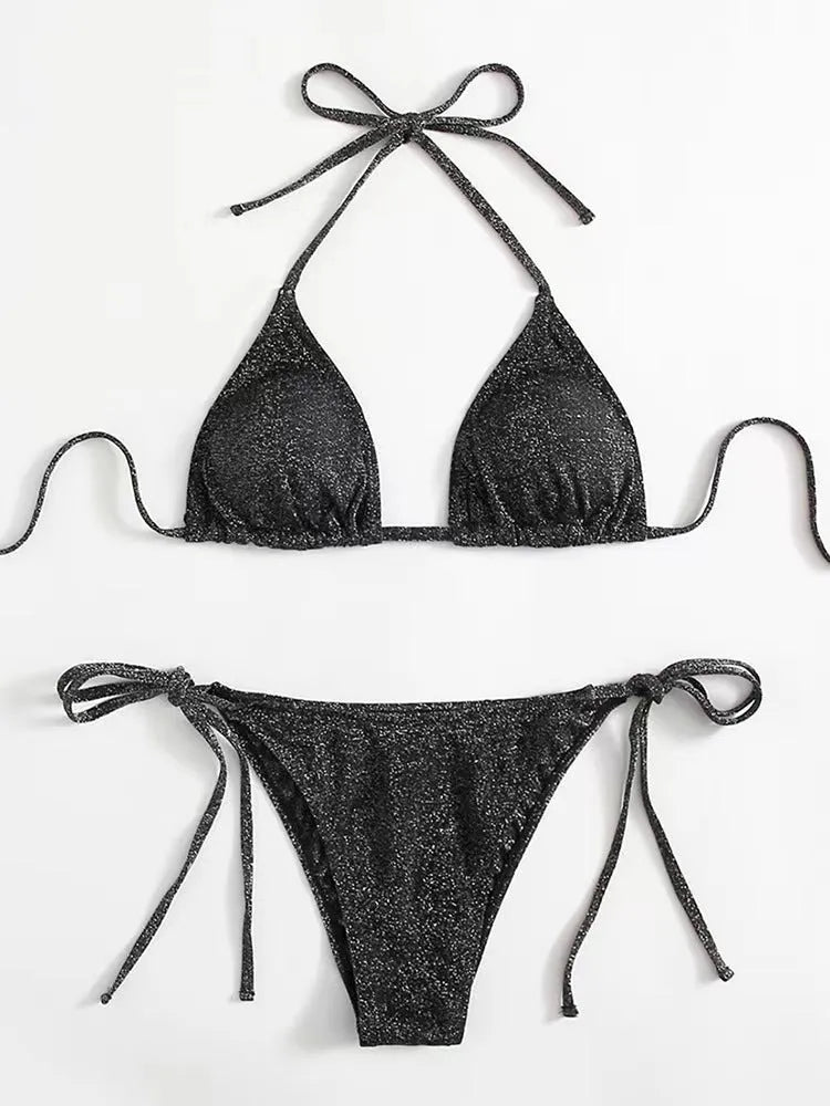 Women's bandage style bikini swimsuit in multiple colours with size chart.