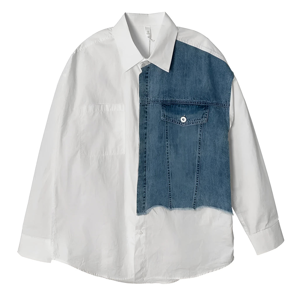 Men's white denim splicing long sleeve shirt, spring casual top, sizes M to 2XL