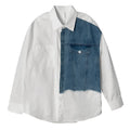 Men's white denim splicing long sleeve shirt, spring casual top, sizes M to 2XL