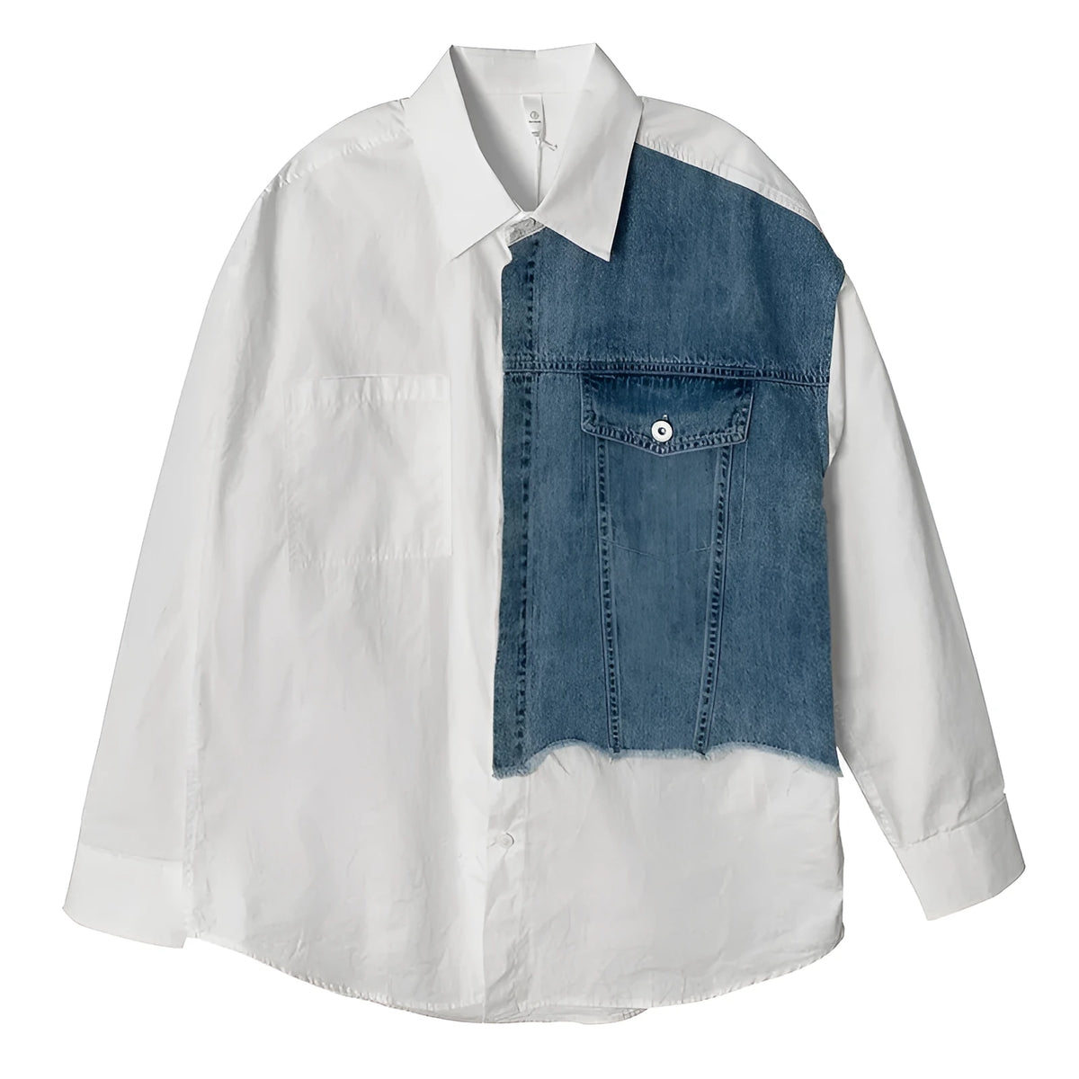 Men's white denim splicing long sleeve shirt, spring casual top, sizes M to 2XL
