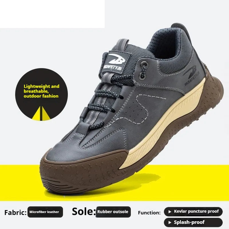 Flyknit safety work shoes with leather upper and rubber sole available in black, brown, and grey