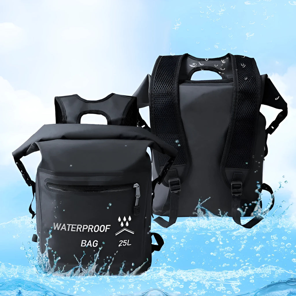 Black 25 litre waterproof backpack for outdoor swimming and water activities