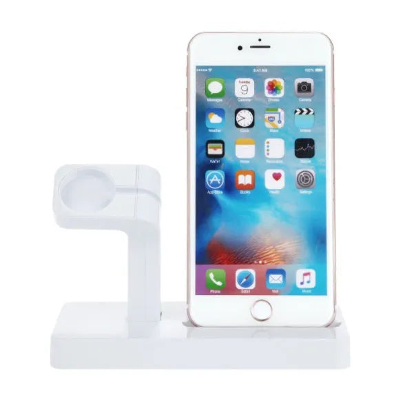 White 2-in-1 desktop charging dock holding an iPhone and an Apple Watch.