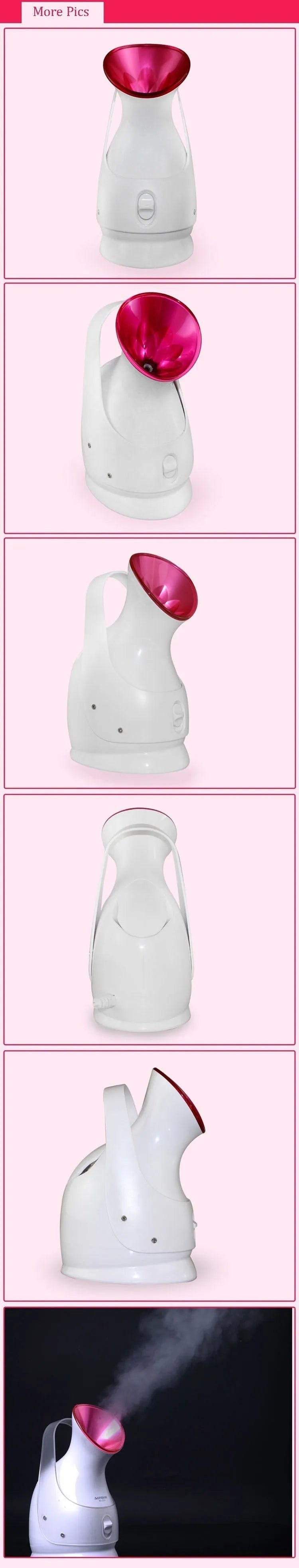 White handheld humidifying steaming machine, 280W, 220V-50HZ, 143x105x225mm, with 40°C mist output and plug options.