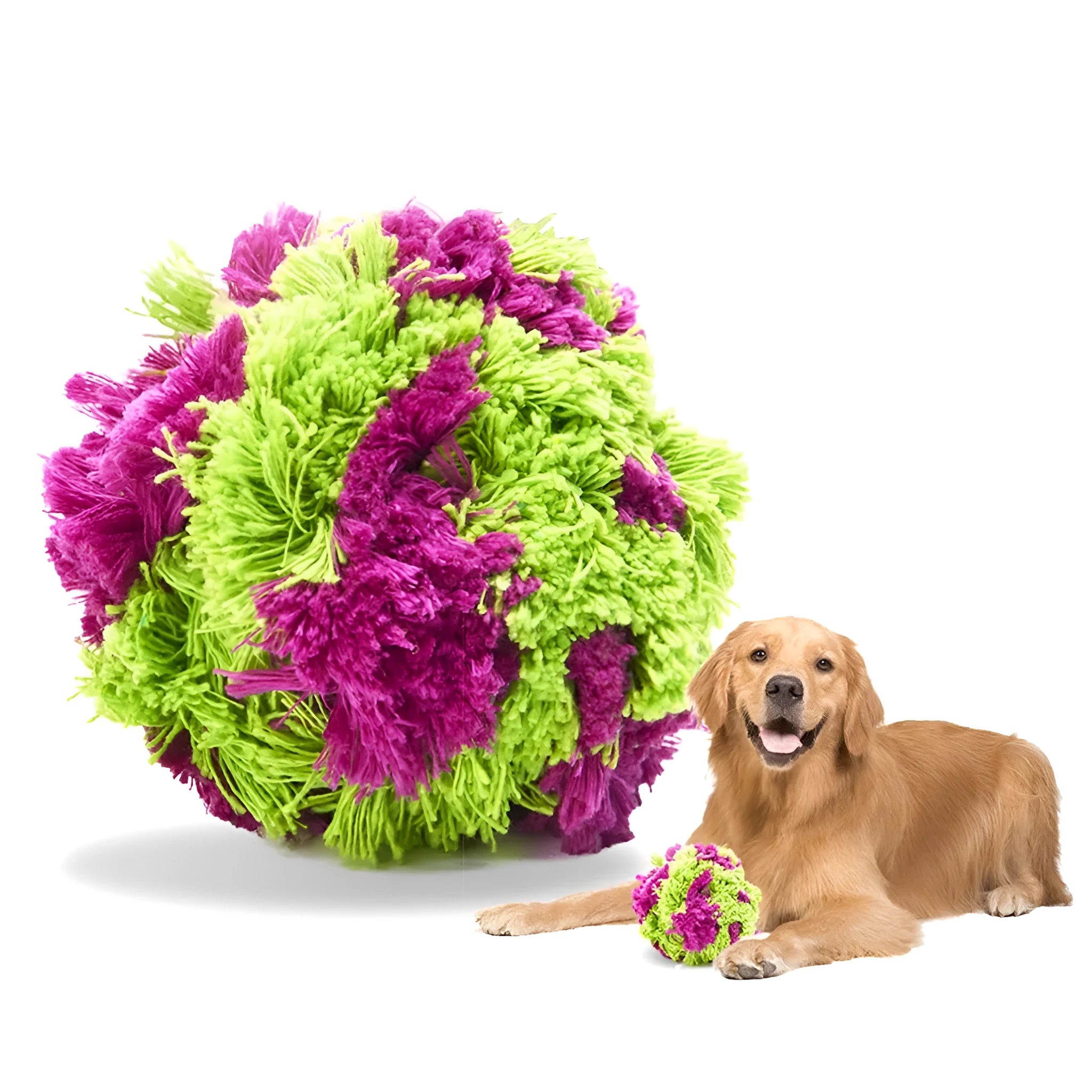 Purple plush dog ball toy with seaweed knots measuring 15cm diameter