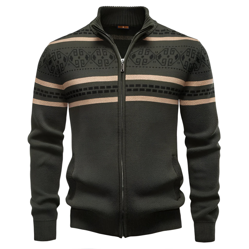 Apricot men's slim fit cotton zipper knitted sweater jacket against a plain background