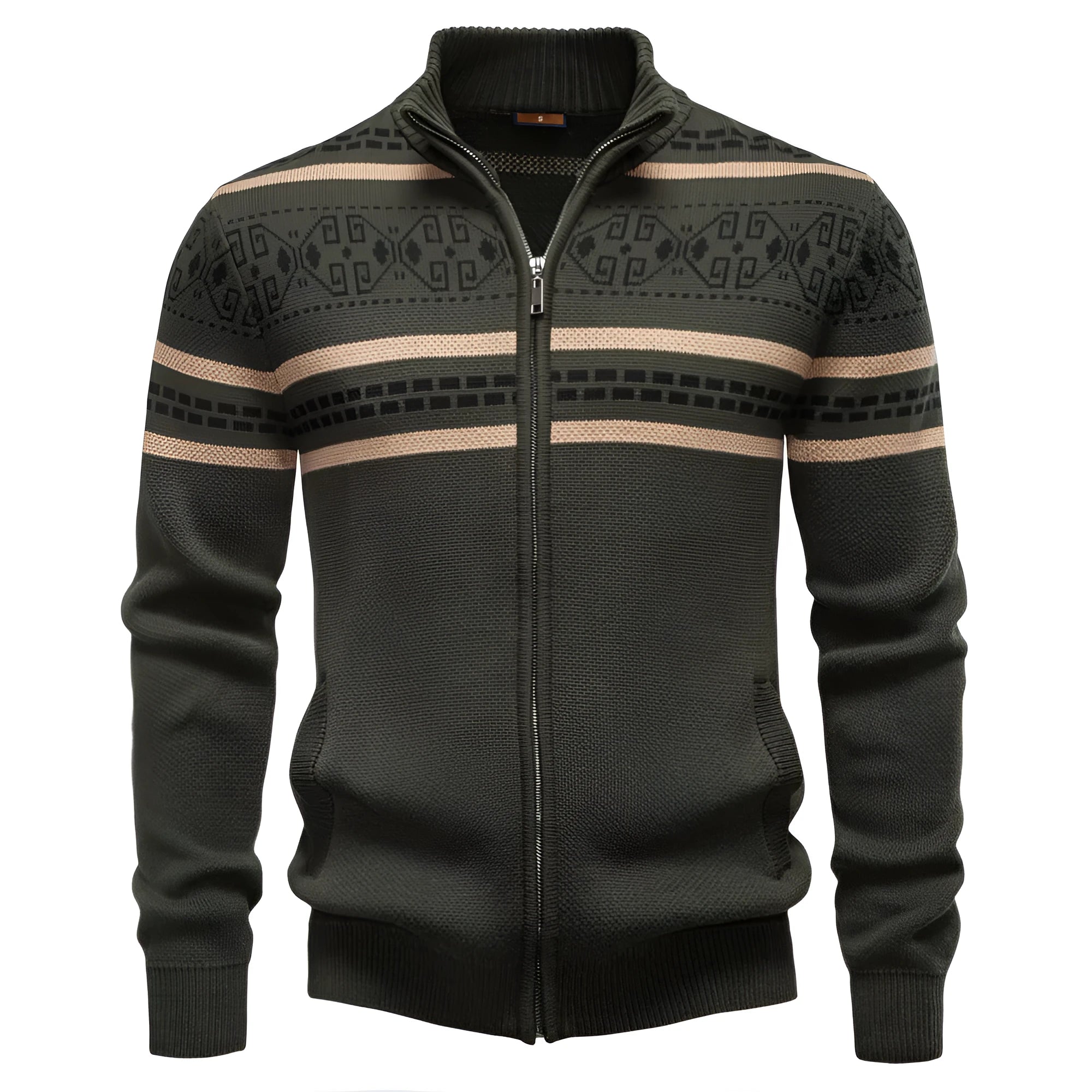 Apricot men's slim fit cotton zipper knitted sweater jacket against a plain background