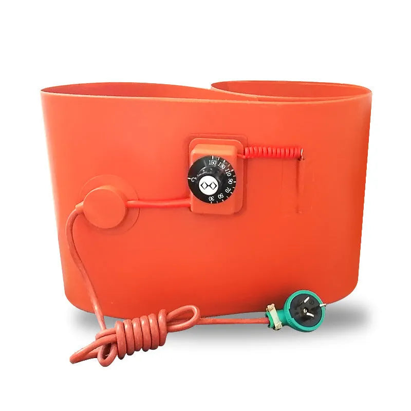 Silicone rubber heating belt wrapped around 200-litre oil drum with electrical controls