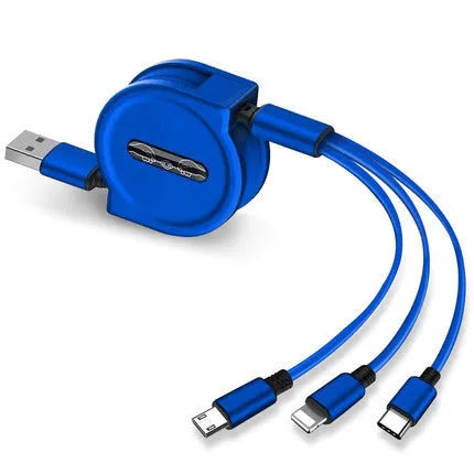 3 in 1 telescopic charging cable extended to show titanium alloy connectors and TPE wire body