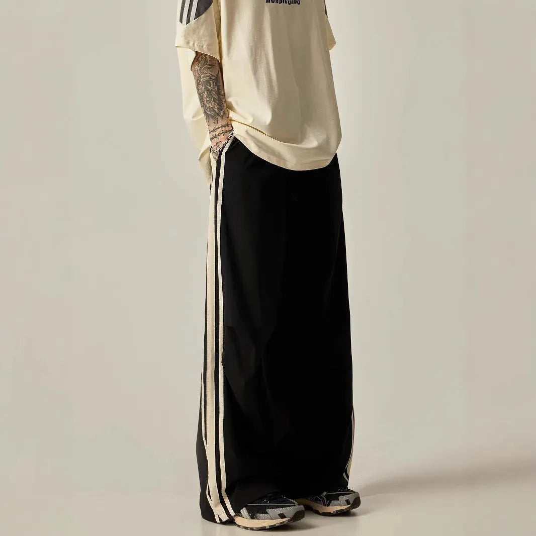 Black men's wide leg climbing trousers with high waist and straight-leg design