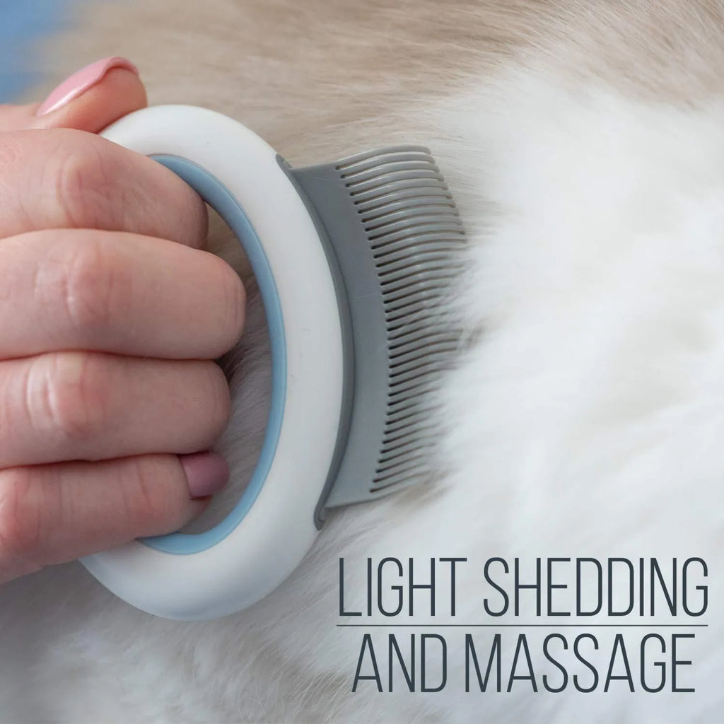 Blue pet deshedding comb with soft teeth and ergonomic plastic handle for grooming cats and dogs.