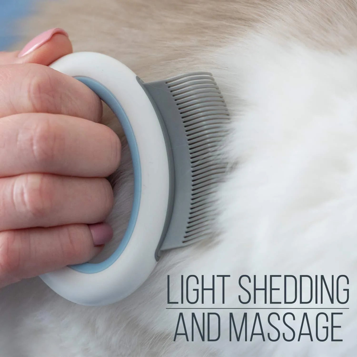 Blue pet deshedding comb with soft teeth and ergonomic plastic handle for grooming cats and dogs.