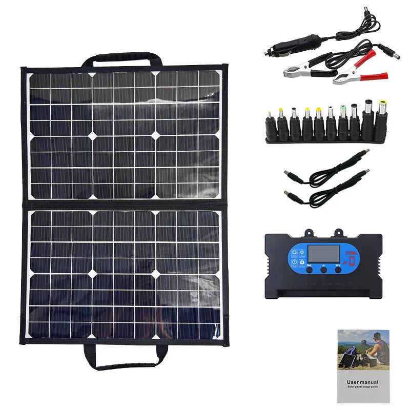 Black 40W single crystal solar folding bag panel measuring 425x285x8mm for outdoor camping and emergency charging