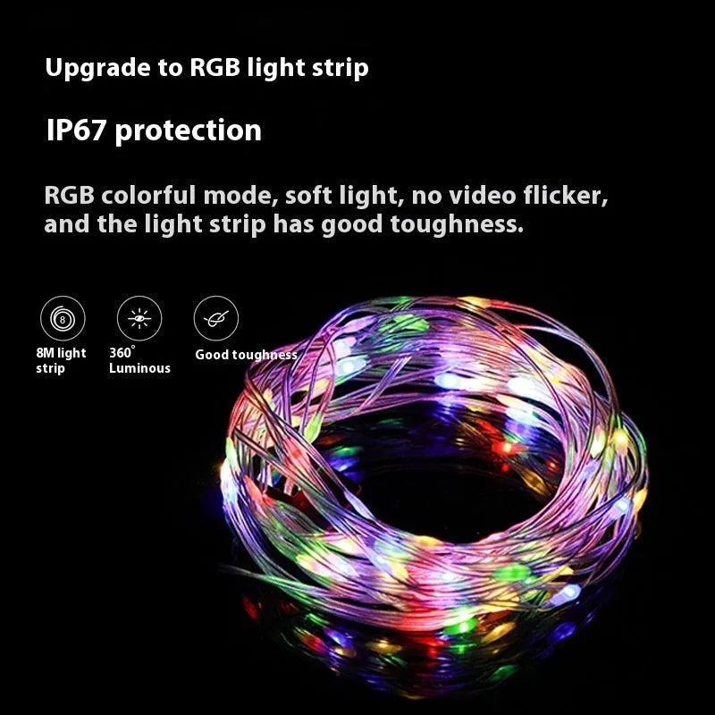 Close-up of rechargeable outdoor LED string lights with 30 beads on an 8m PC ABS cord, showing warm white and colourful light options.