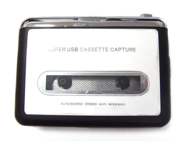 Compact cassette to MP3 converter unit with USB cable and headphones for digital audio transfer.