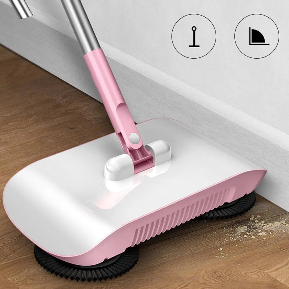 Hand push sweeper with broom, dustpan, and trash bin, 360 degree rotating brush, PP, powder colour, 102x33x16.3 cm