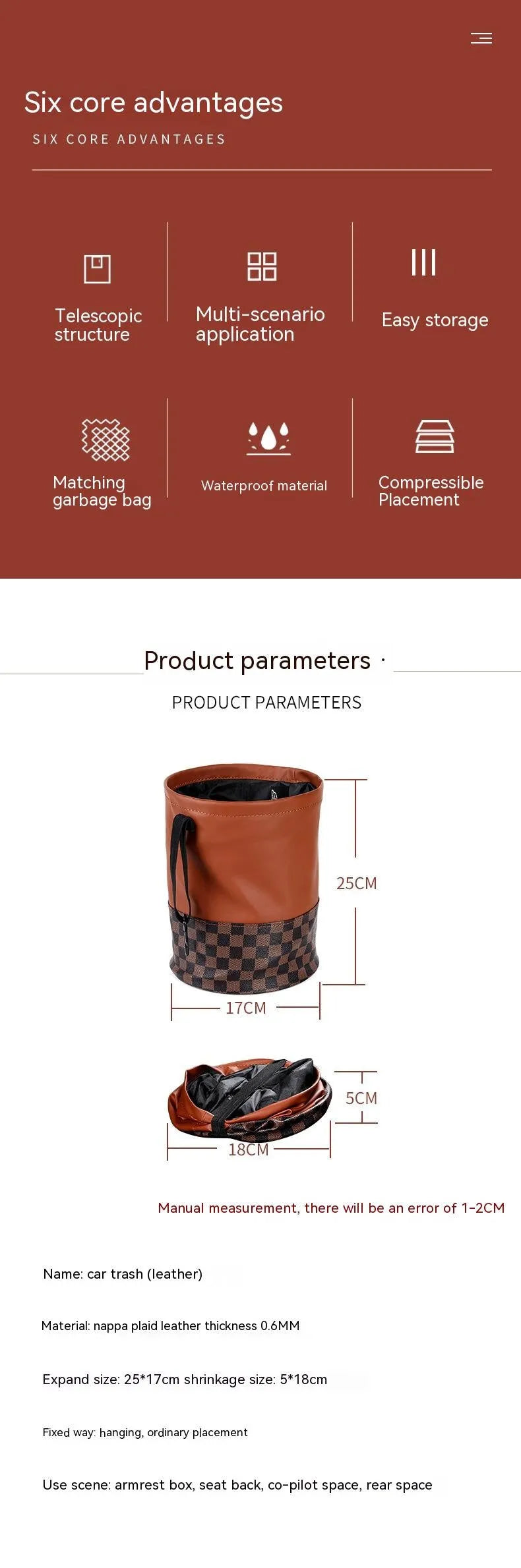 Leather retractable interior car bin with handle, shown in vehicle cabin setting