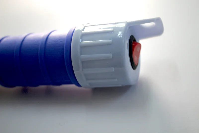 Blue and red manual siphon transfer pump for fuel, oil, and chemical liquids.
