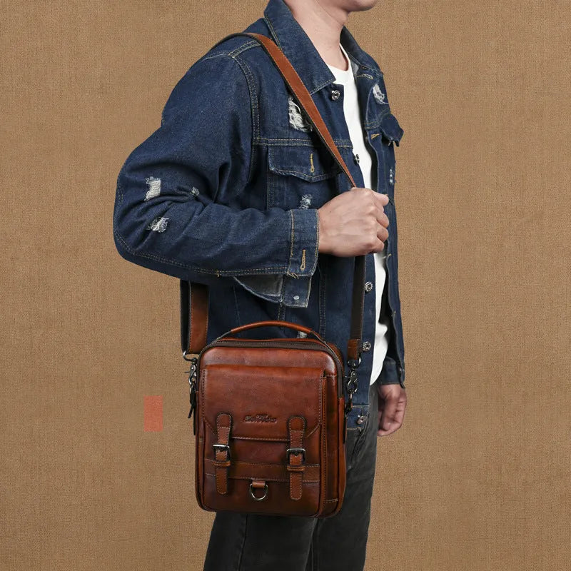 Genuine leather men's shoulder bag 8 inch light brown retro hand-rubbed crossbody commuter