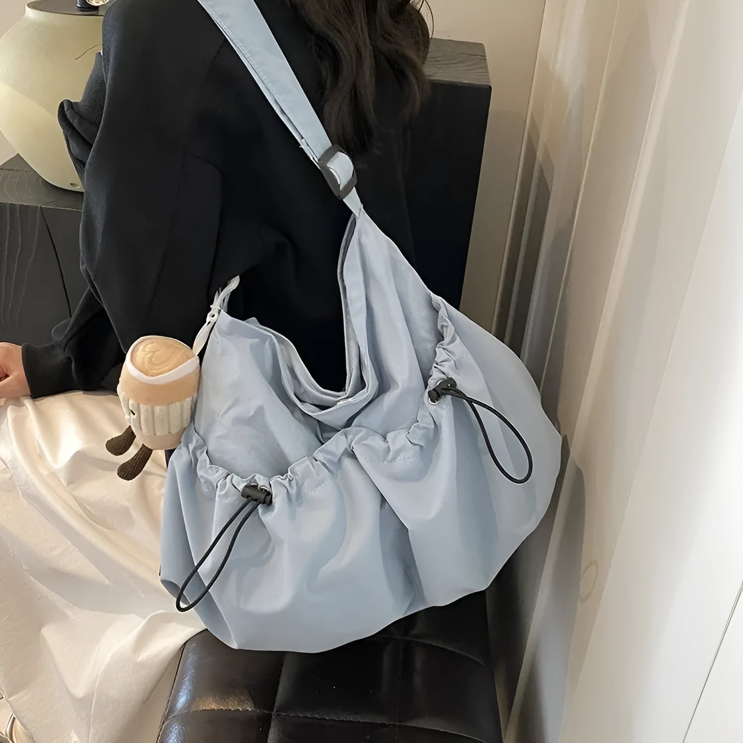 Polyester pleated crossbody student bag in street trend style with foldable design