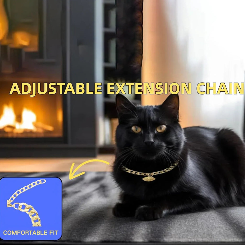 Gold aluminium chain cat collar with bell, 1.3cm wide, adjustable extension chain, S to XL sizes