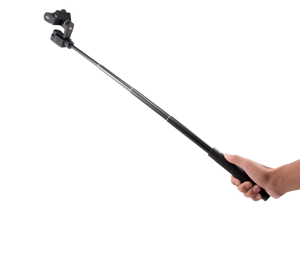 Black retractable aluminium selfie stick extended to full length showing tripod mount.
