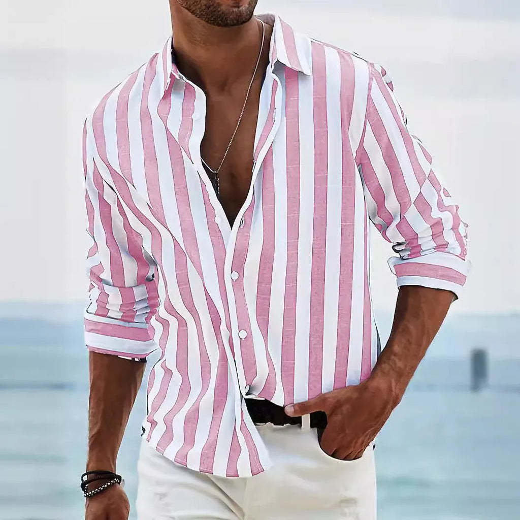 Man wearing loose-fitting striped long-sleeved shirt in polyester fabric with British casual style