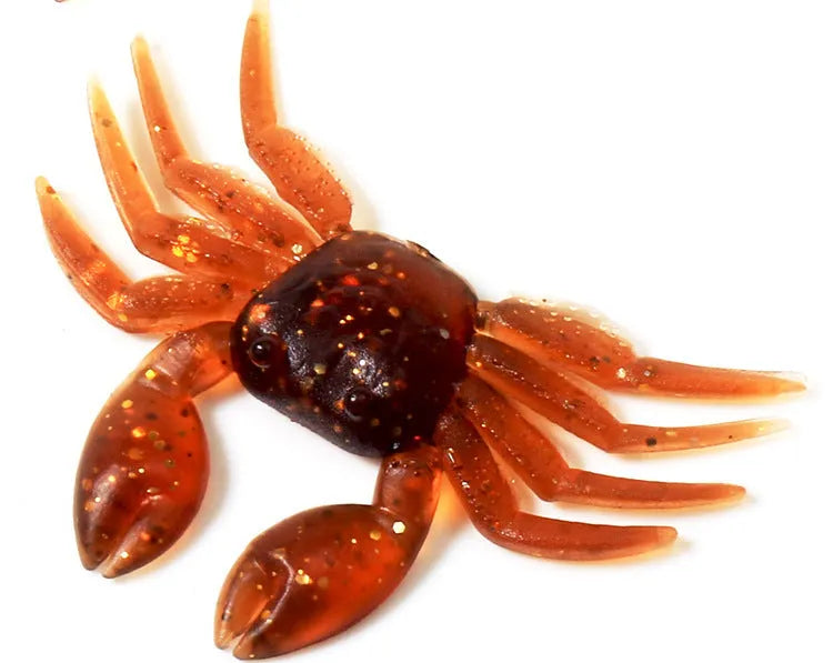 Red and brown 8cm long PVC soft plastic crab fishing lure on a white background.