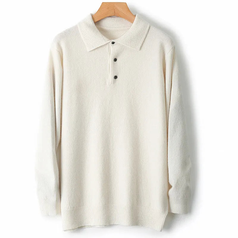 Men's wool polo collar pullover sweater in noble blue, showing long sleeves and knit texture.