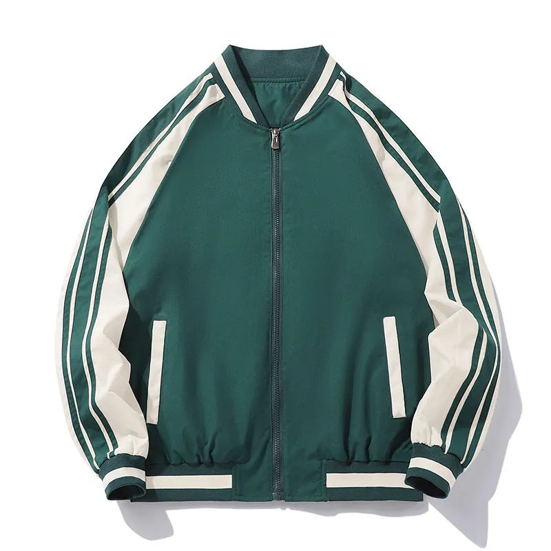 Men's striped baseball collar jacket in black, green or blue, sizes M to 5XL, polyester casual autumn winter outerwear