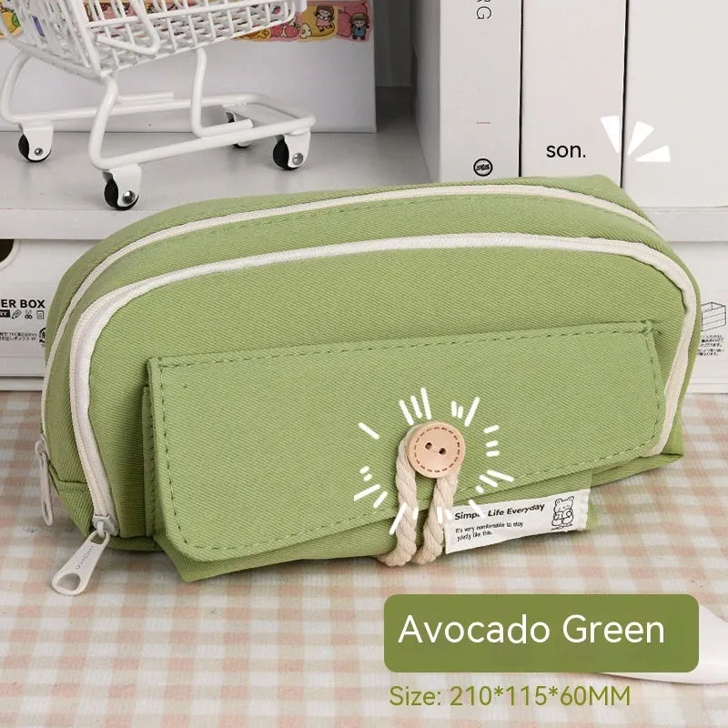 Korean-style canvas pencil case in green with capacity for approximately 80 pens