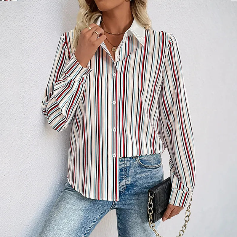 Wine red striped lapel shirt for women with long sleeves and loose fit, full elastic force fabric