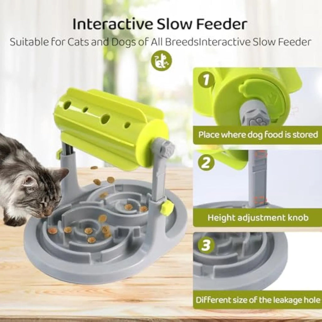 Blue interactive pet puzzle feeder bowl with adjustable height for dogs and cats
