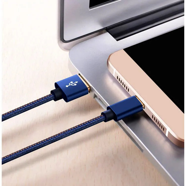 Denim braided USB-C charging cable with aluminium connectors shown in black, blue, and red colour options.