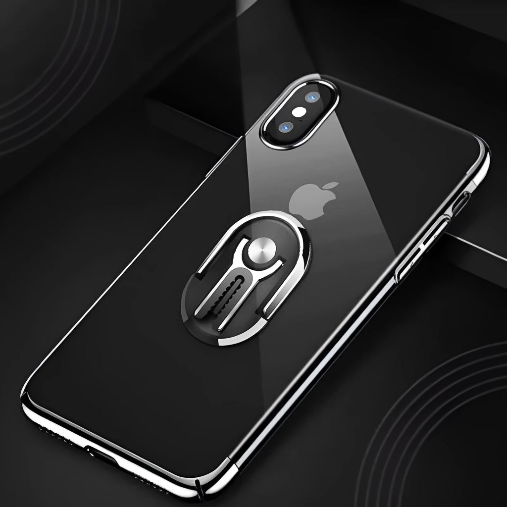 Universal car mobile phone bracket with ring holder and suction cup mount in black, shown holding a smartphone.