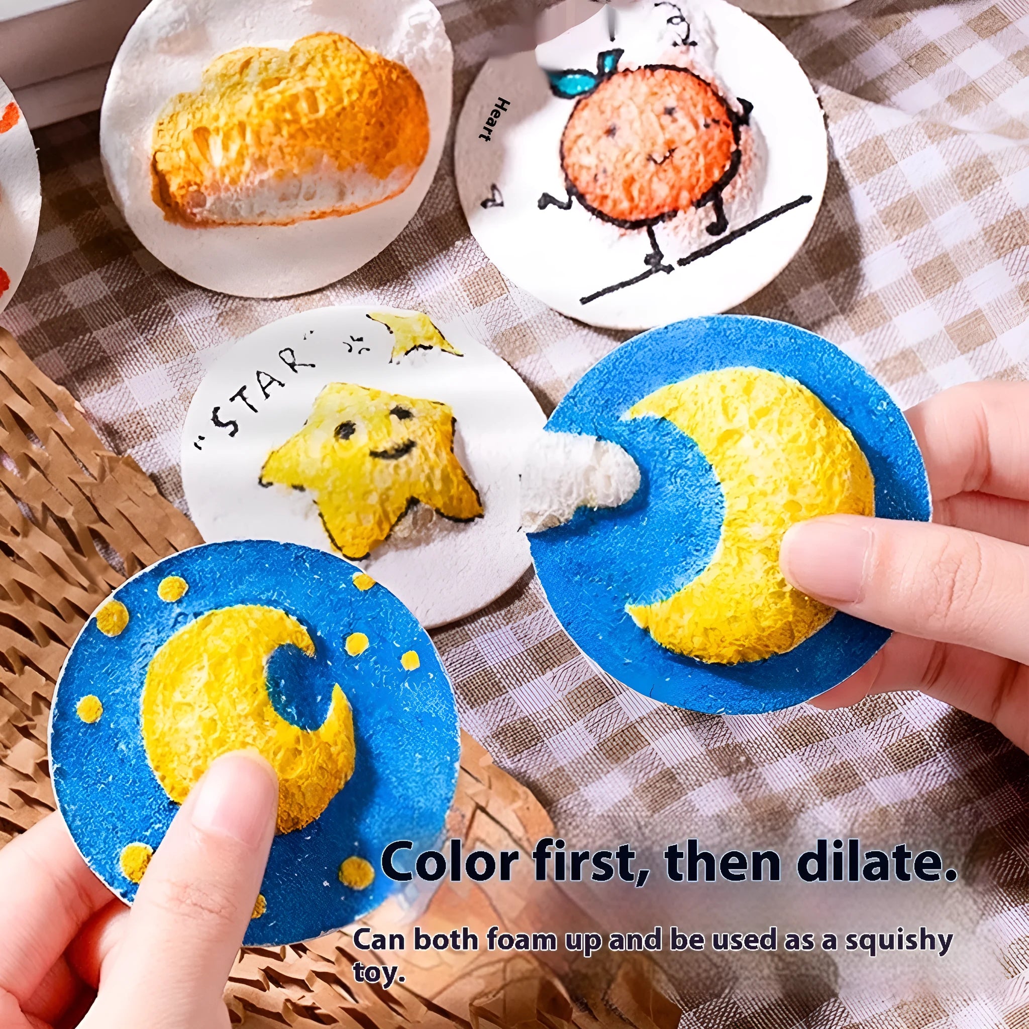 Wood pulp painting sponge paper set with heart, round, and square sheets and six cartoon fountain pens.