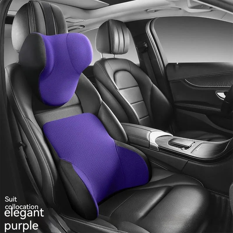 Memory foam car headrest pillow and matching lumbar support pillow with knitted fabric.