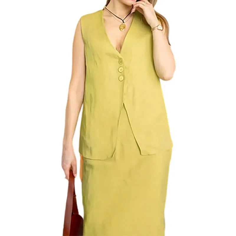 Women's blue polyester sleeveless vest and long skirt two-piece casual outfit set on a hanger.