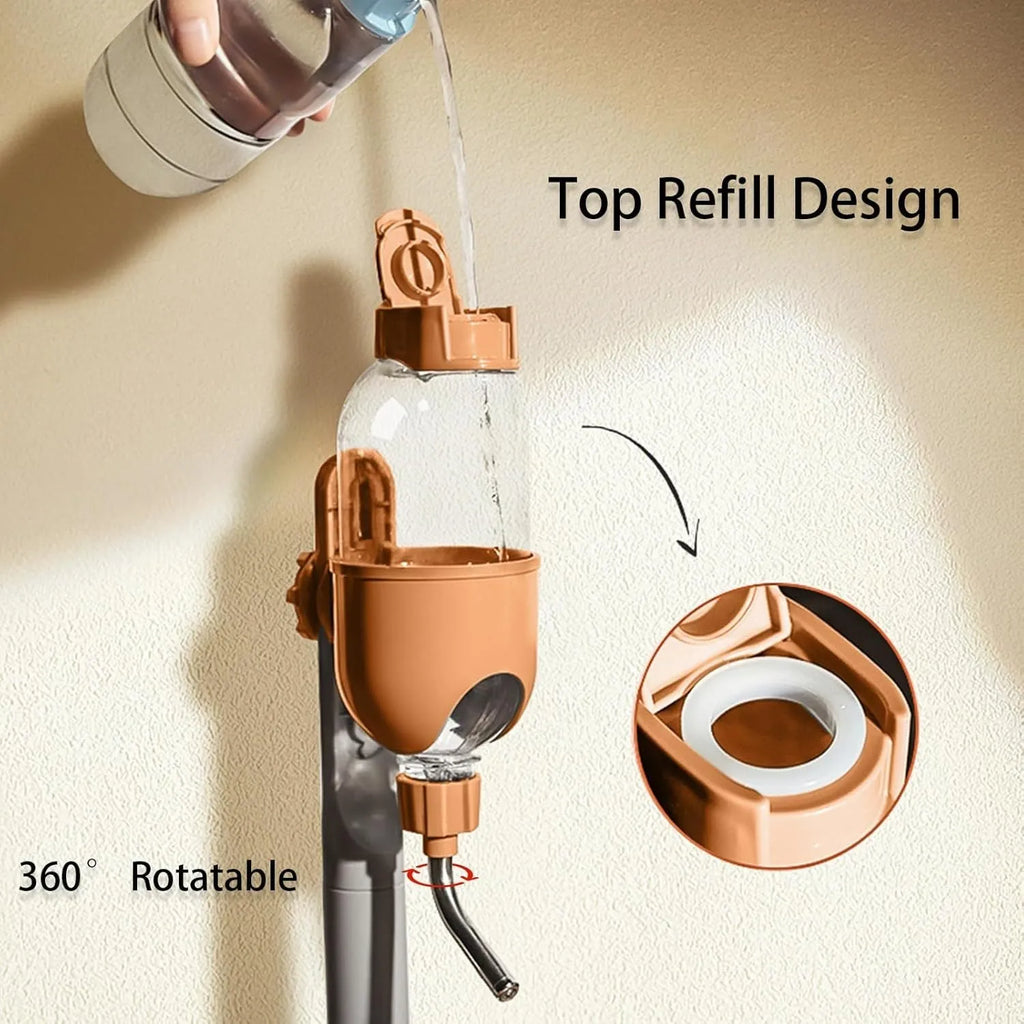 Blue small animal cage water bottle with rotatable nozzle and stainless steel drinking valve.