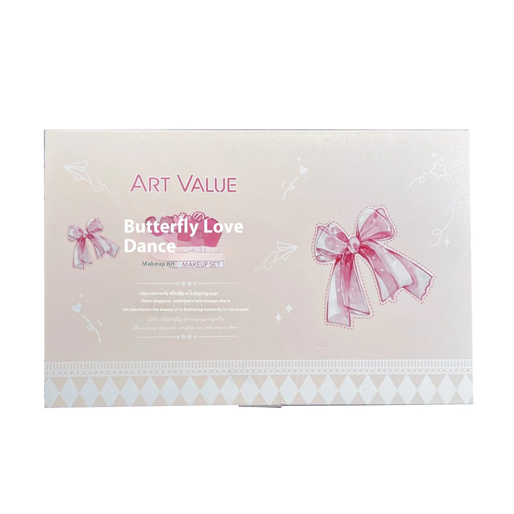 Butterfly Box pink makeup set with four matte lip muds, powder blusher and matching necklace