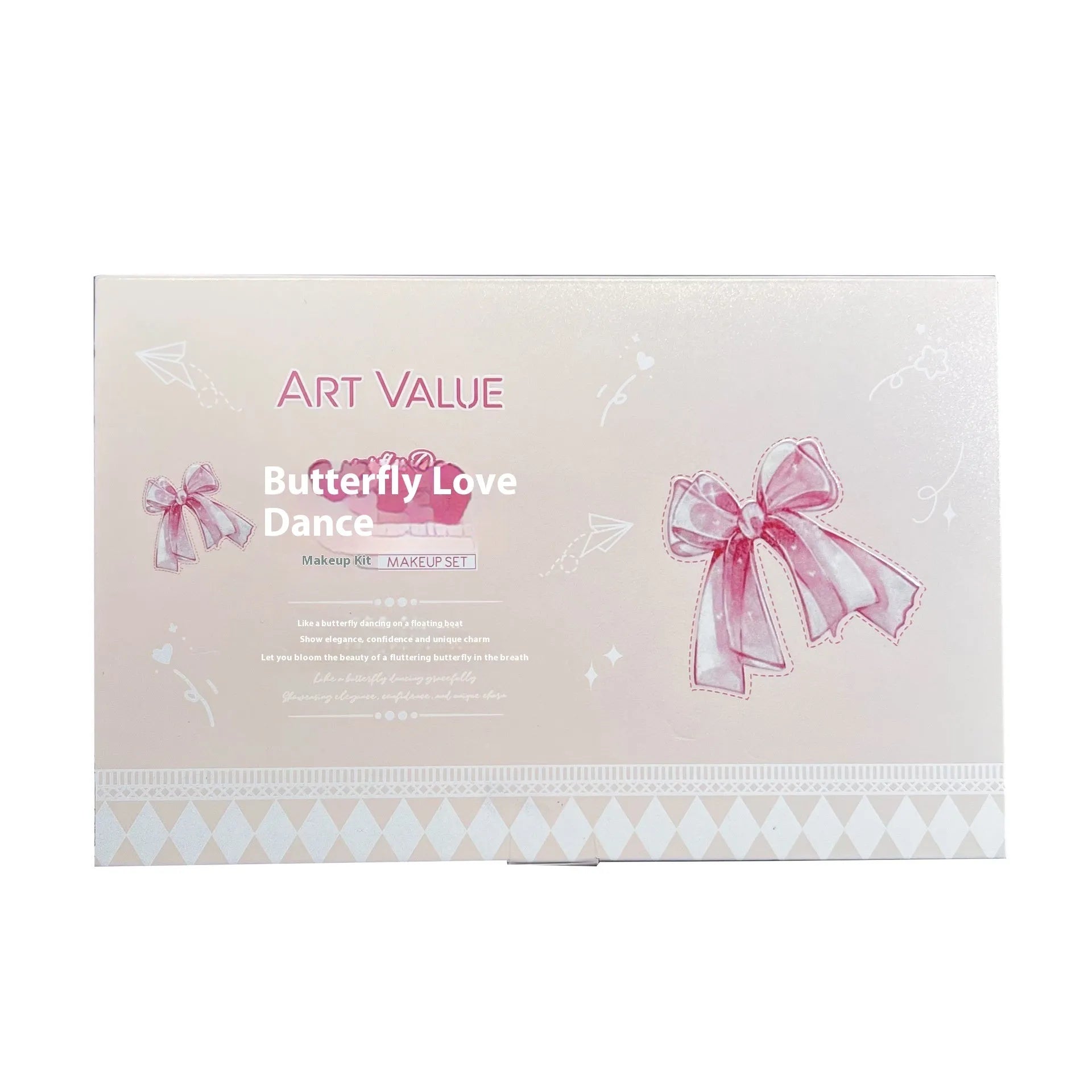 Butterfly Box pink makeup set with four matte lip muds, powder blusher and matching necklace