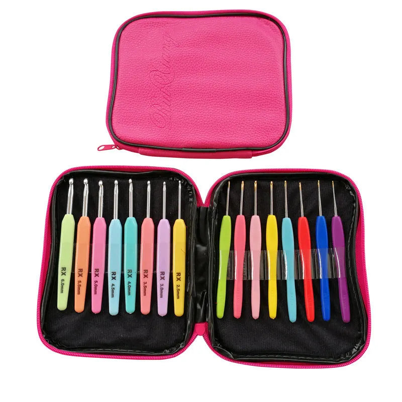 Complete set of 16 crochet hooks with two handle types and a grey PU storage bag