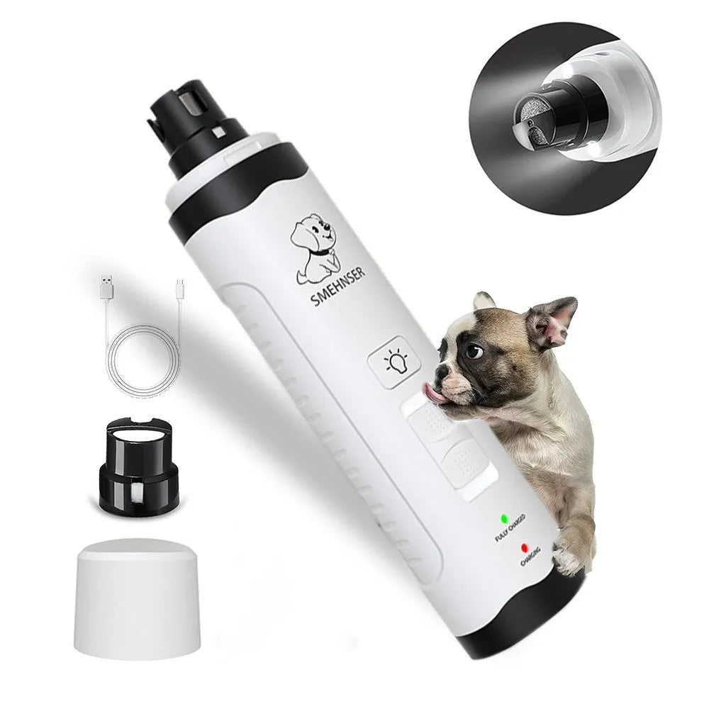 Electric dog nail grinder with LED indicators showing 3-speed settings and dust collection port